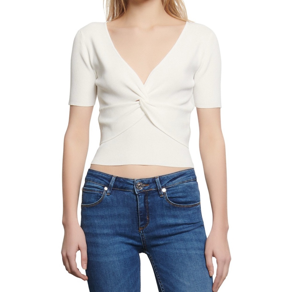 Sandro White Twist-Front Short Sleeve Top